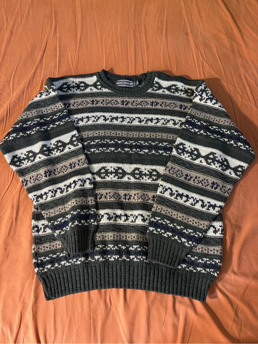 David Taylor Green Fair Isle Crewneck Sweater with Navy & Cream Accents